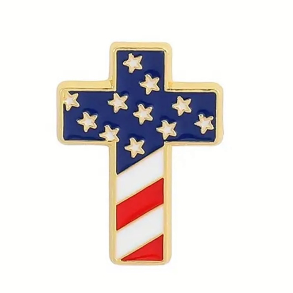 3/$25 American Flag Shaped Like a Cross Metal Enamel Pin Badge Brooch Unisex